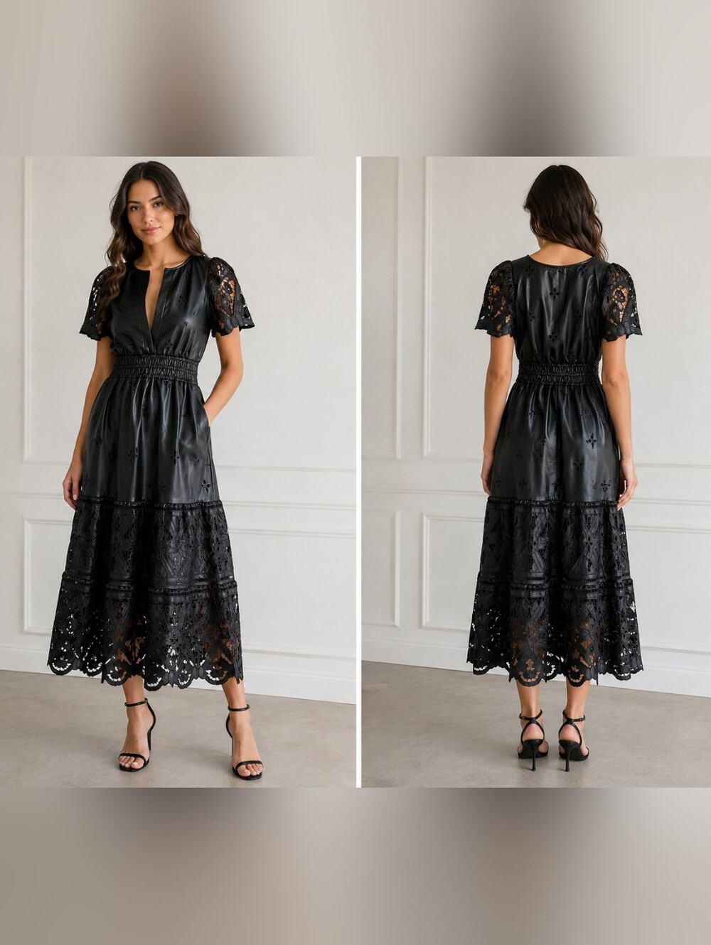 NWT Anthropologie Black Faux Leather Laser Cut Midi Dress Size S